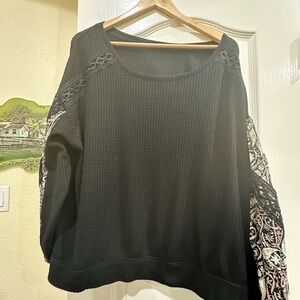 Cato Black Top with Patterned Sleeves